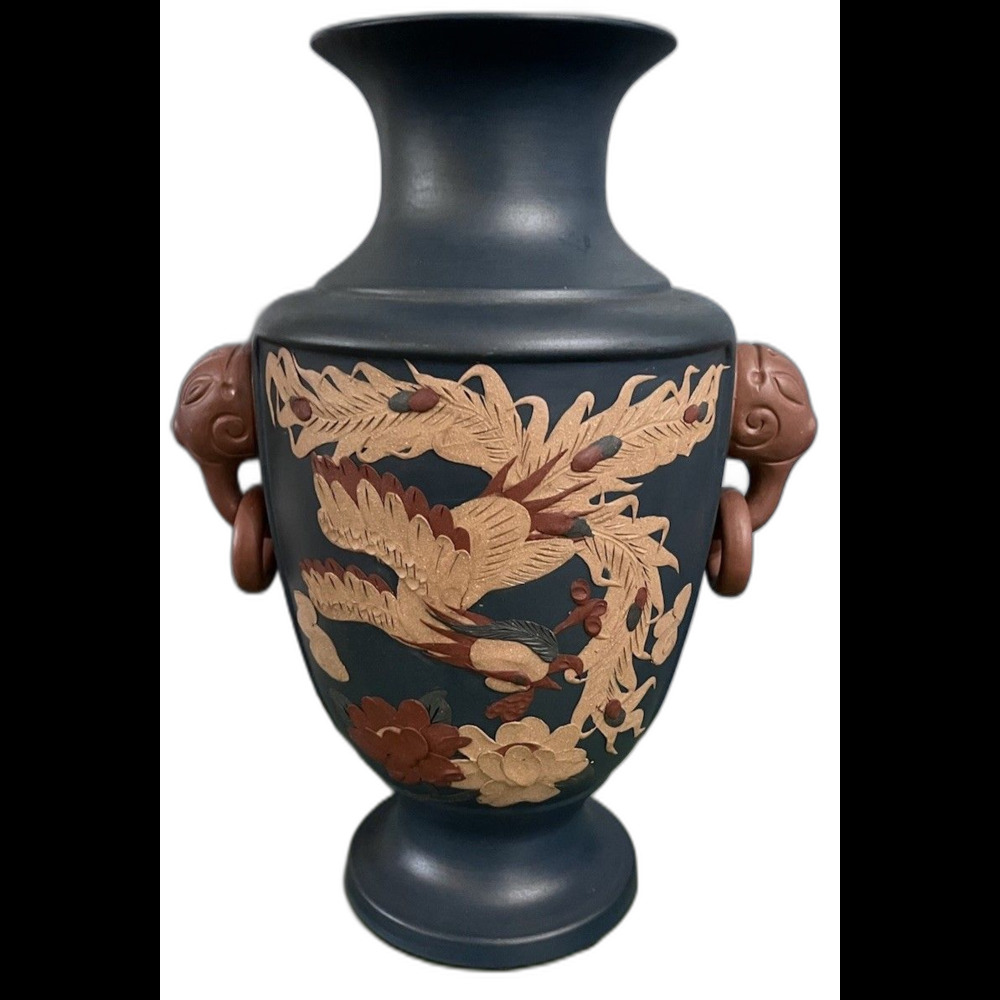 Large Chinese Yixing Zisha Clay Vase Dragons & Phoenix Blue Matte Carved Pottery